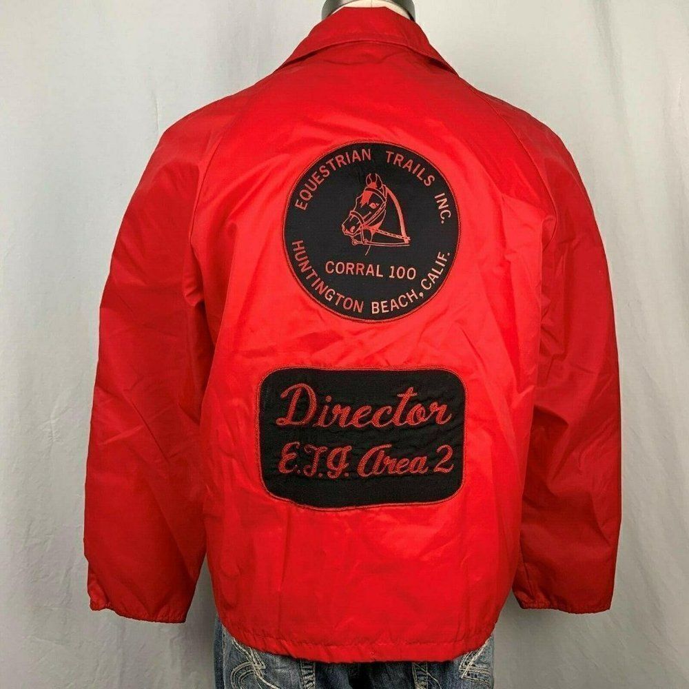 Vintage Windbreaker Skater Jacket L Red Equestrian Trails Huntington Beach CA